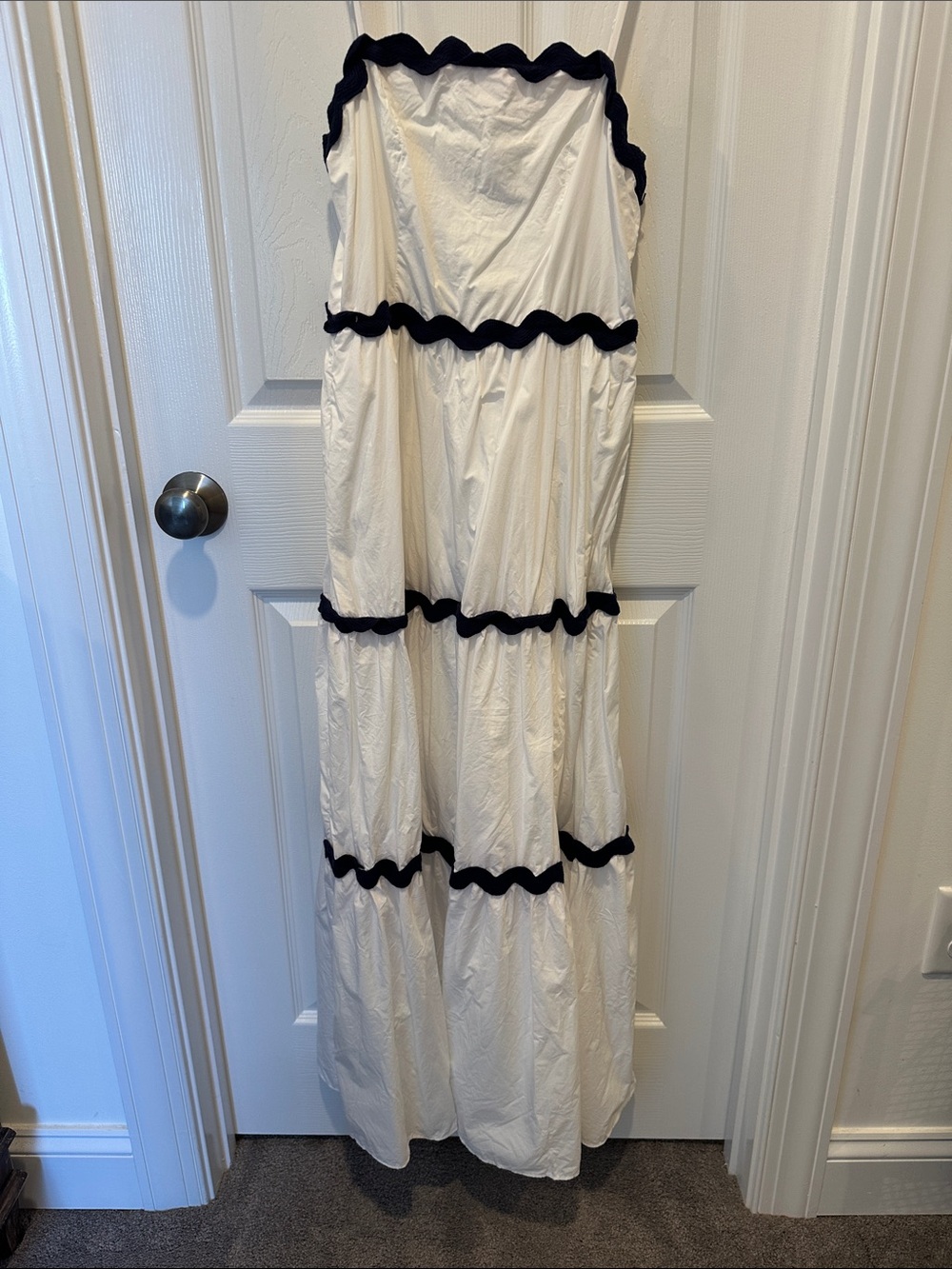 LOFT White Maxi Dress with Navy Wave Trim